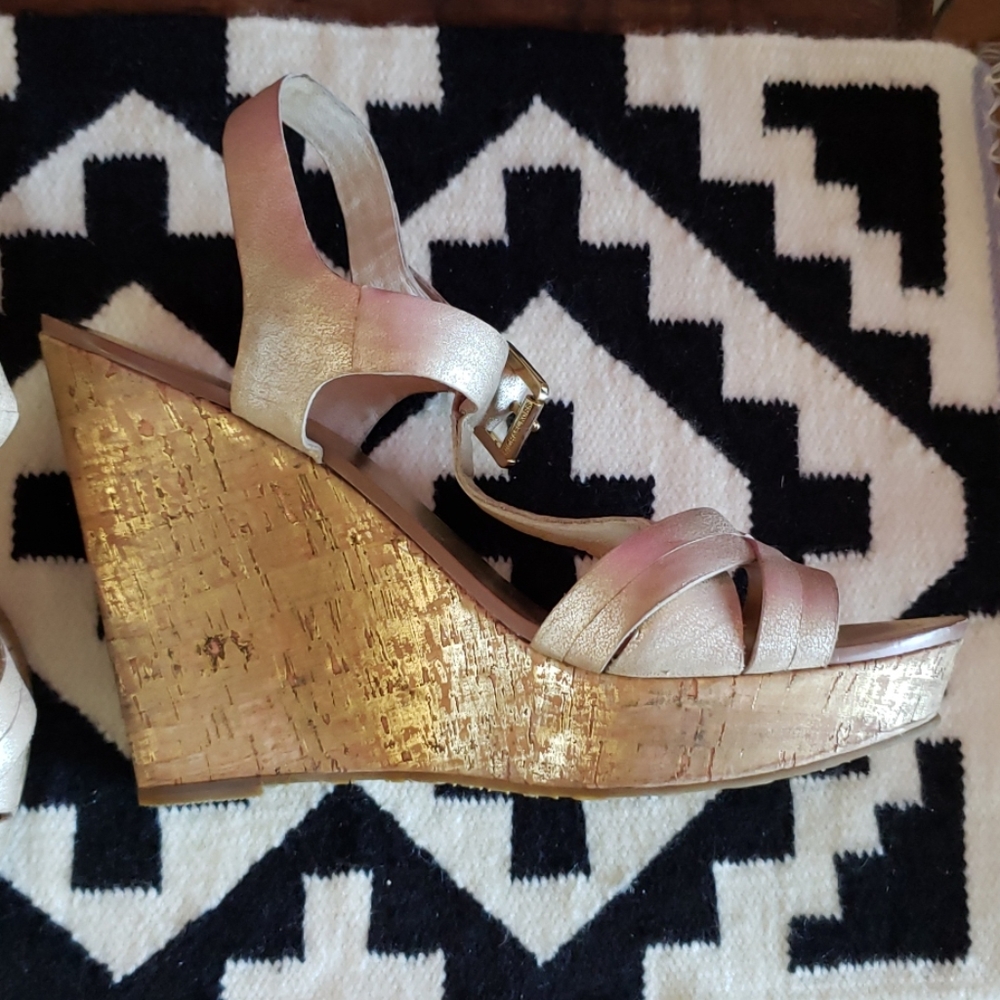 MK Gold T-Strap Wedge Sandal